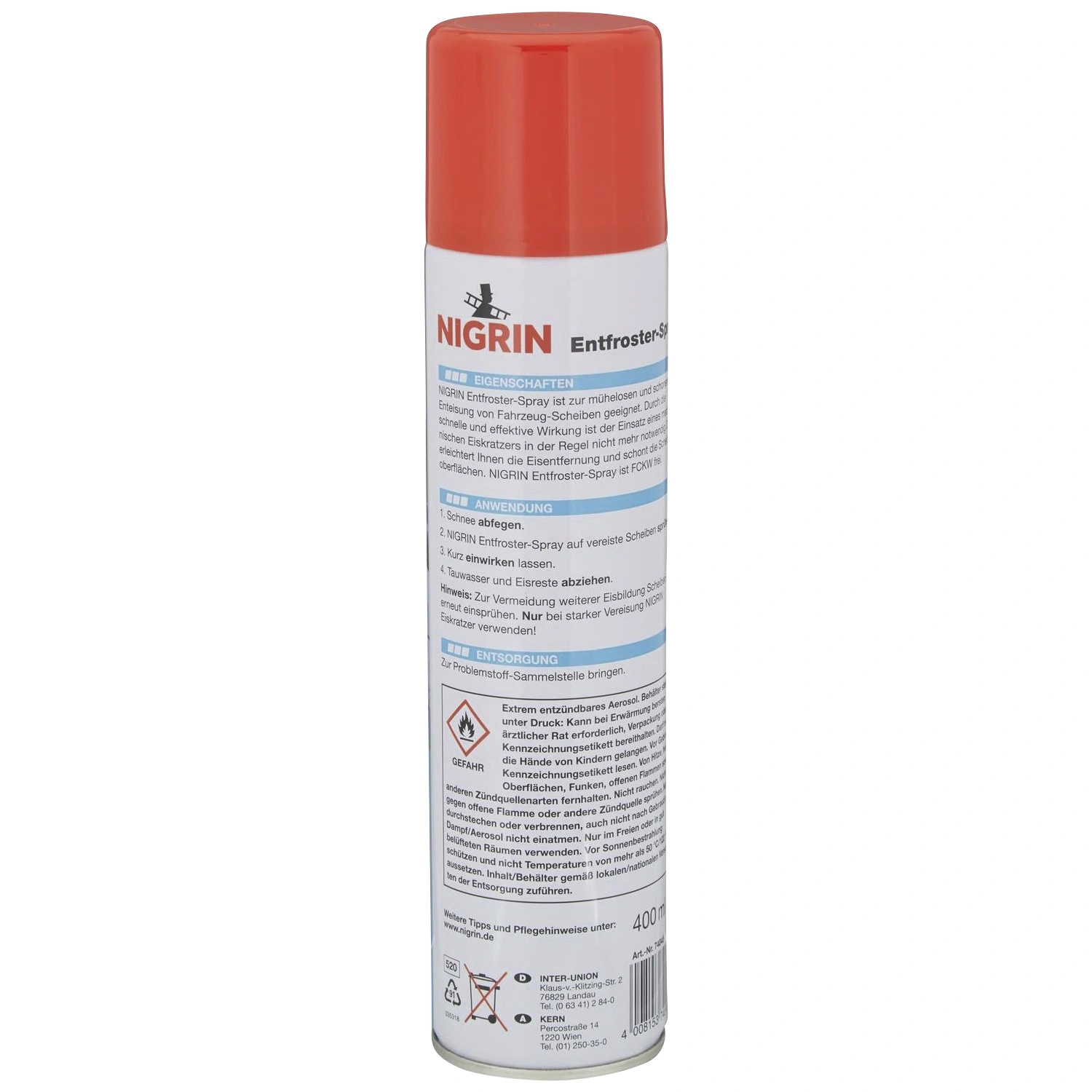 NIGRIN Entfrosterspray, 1x 400 ml, Transparent, Kunststoff