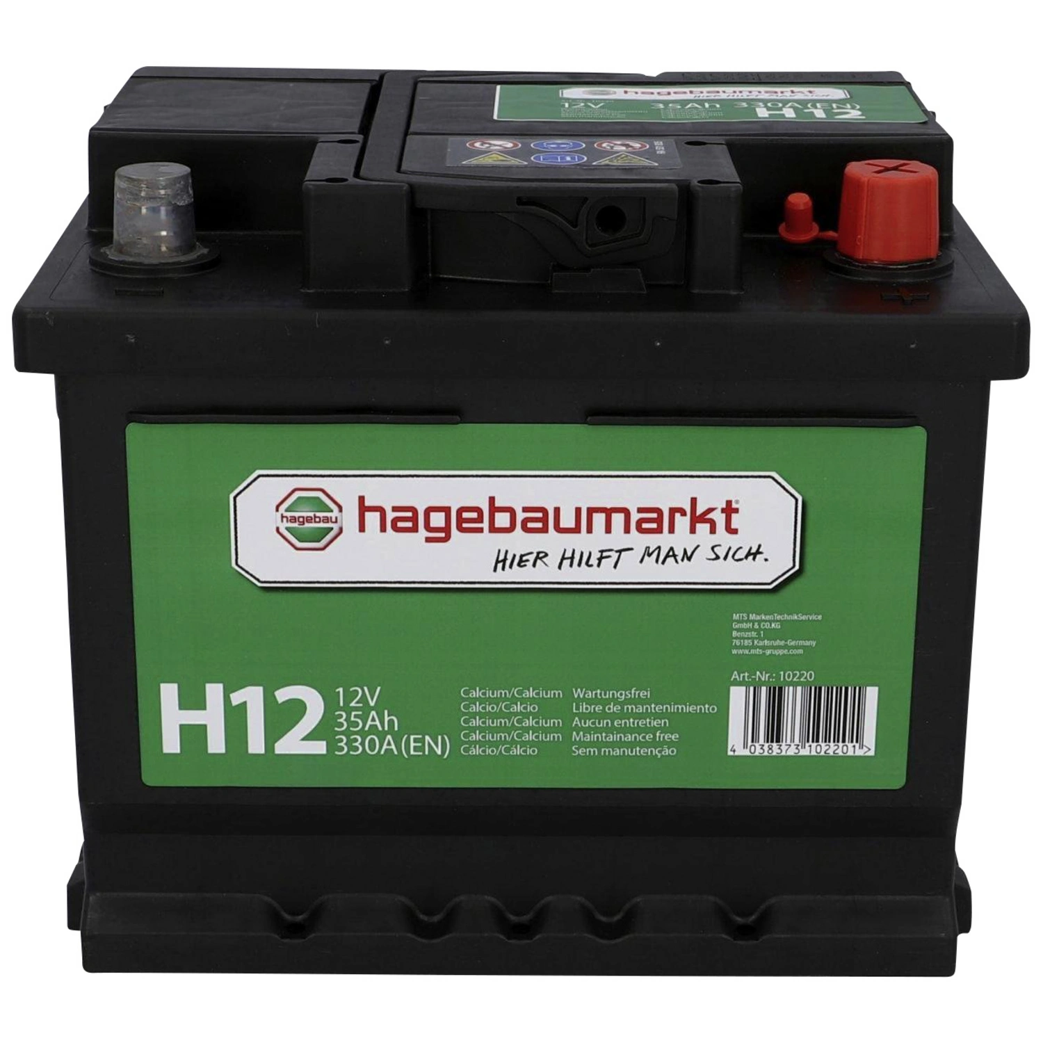 hagebaumarkt Starterbatterie, 12V/35 Ah 300A KSN H12, mit hagebaumarkt-Logo  