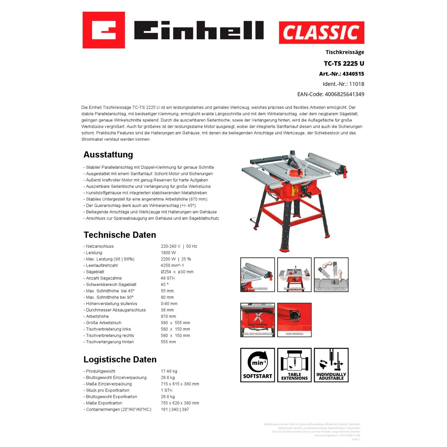 EINHELL Tischkreissäge »Einhell Classic«, 1800 W, Ø-Sägeblatt: 254 mm