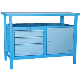 Werkbank, 3 Schubladen und 1 Tür, blau, Stahl/Holz