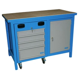Werkbank, 4 Schubladen und 1 Tür, blau, Stahl/Holz