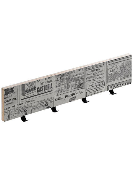 HETTICH Motivgarderobe, Zeitung, 4 Haken, Schwarz | Weiß, Holz